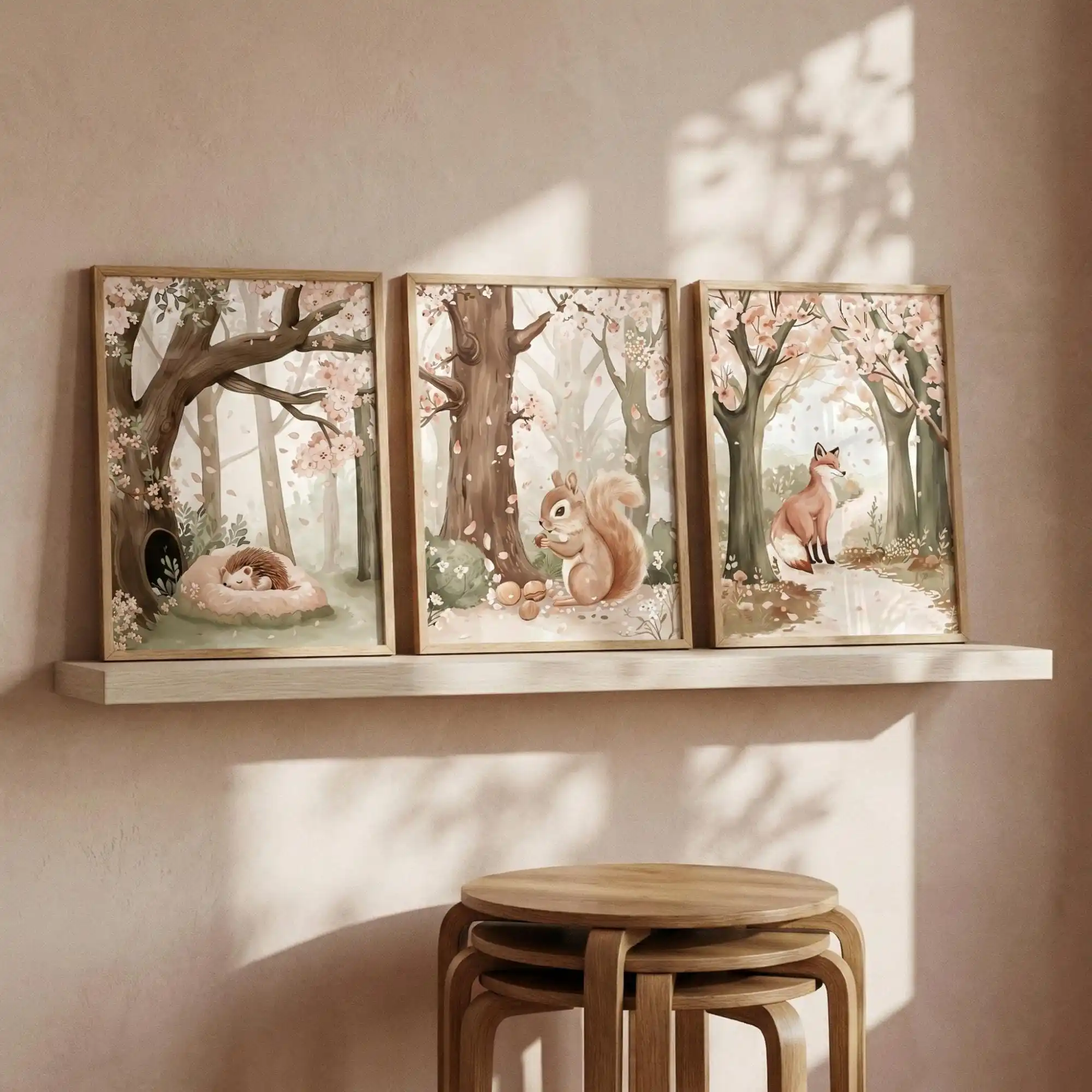 Woodland Animal Nursery Wall Art Watercolor Forest Prints Fox Hedgehog Squirrel Art Blossom Tree Decor Set of 3 Wall Art Gift