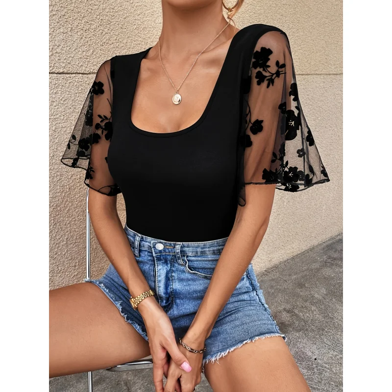 Elegant Fitted Women'S U-Neck Floral Flocked Mesh Sleeve Short Sleeve Top