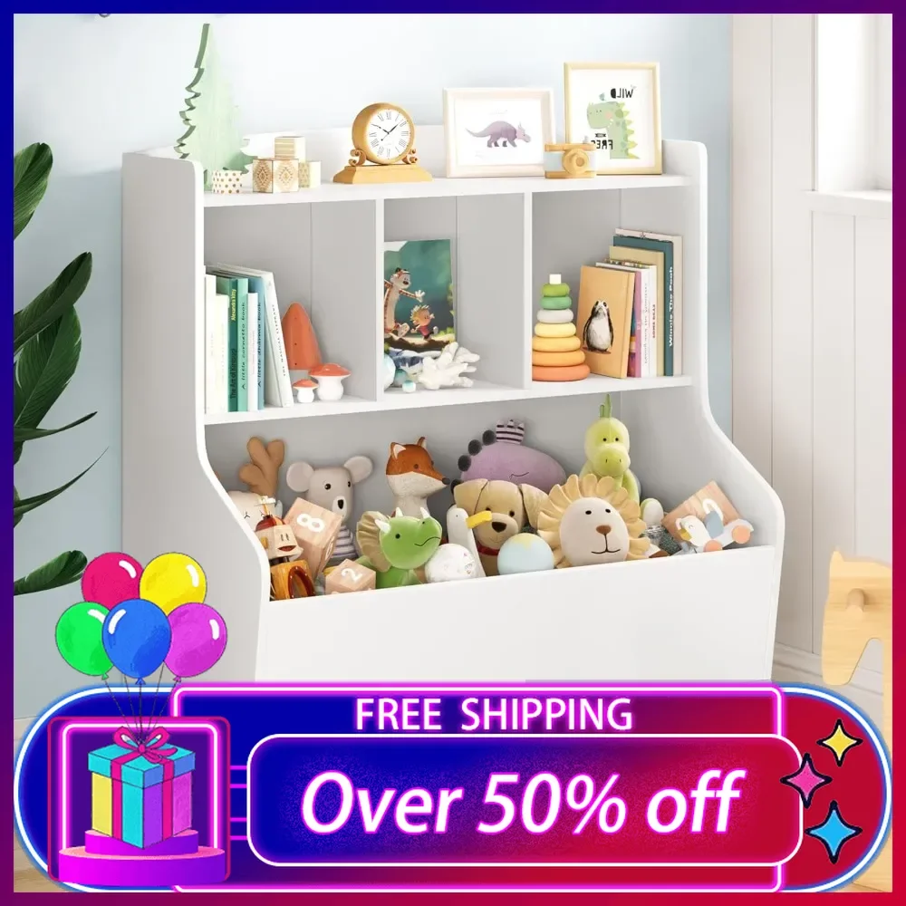 

Kids Bookshelf and Toy Storage, 3-Tier Wooden Open Bookcase, Baby Book and Toy Storage Display Organizer with Spacious Top Shelf