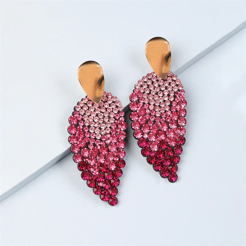 PU Leather Leaf Shape Beads Full Shiny Crystal Fuchsia Drop Earrings Jewelry for Women Luxury Long Earring