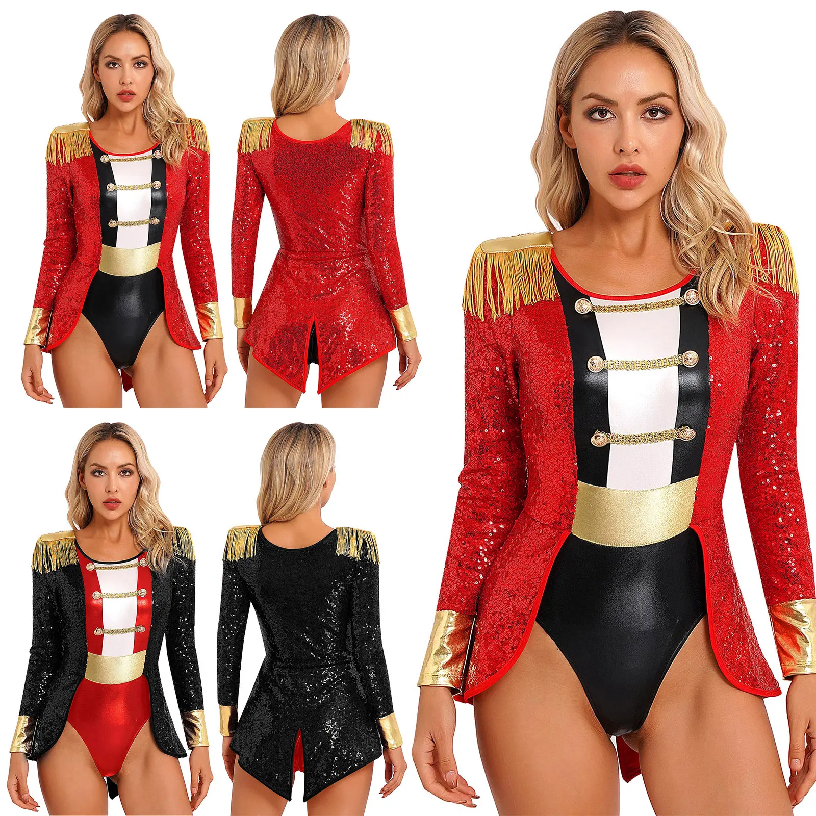 LYus Ringmaster Cosplay Costume pour femme, manches longues, pompon initié, combinaison à paillettes, patinage sur glace, patinage à roulettes, danse de ballet