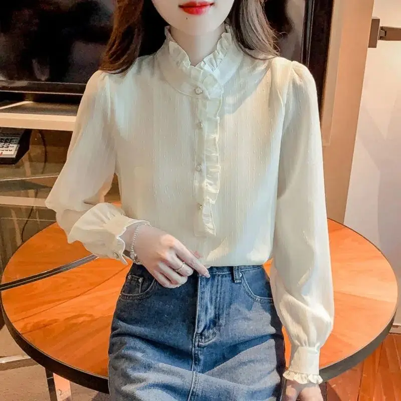 New Chiffon Ruffles Patchwork Long Sleeve Blouse Spring Autumn New Solid All-match Korean Shirt Tops Sweet Fashion Women Clothes