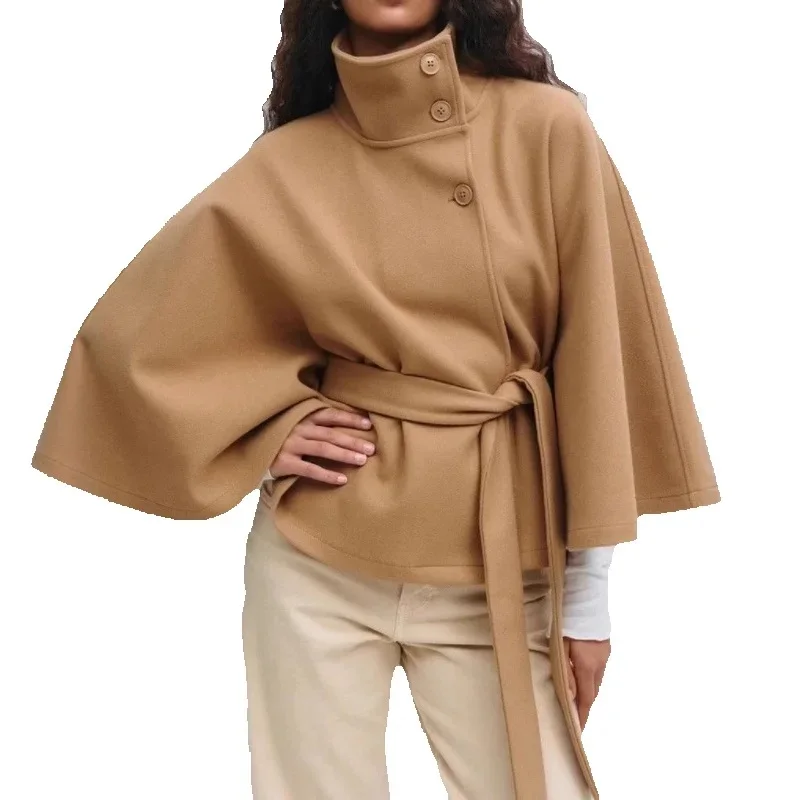 

Autumn Winter Woolen Windbreaker Coat Women 2025 New Fashion Loose Casual Pure Colour Cape Stand-Up Collar Outerwear Female