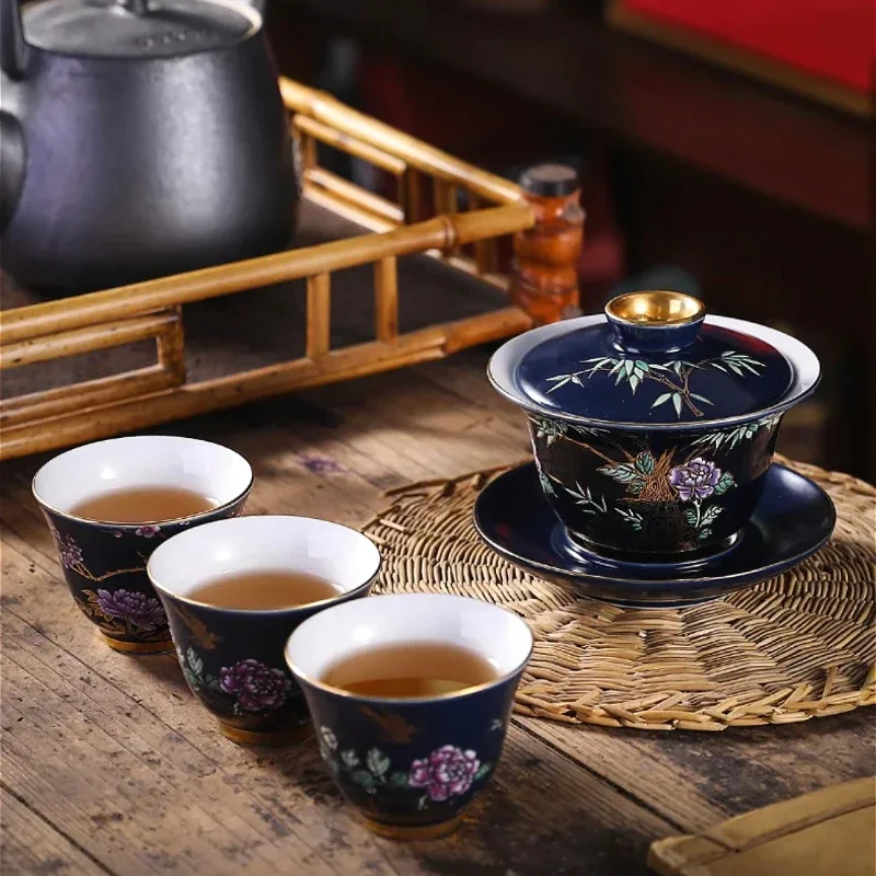 أكواب شاي سيراميك أزرق كوبالت مع حواف ذهبية - طقم شاي كونغ فو مصنوع يدويًا، حفل زين وصندوق هدايا مكون من 6 قطع للمنزل والهدايا
