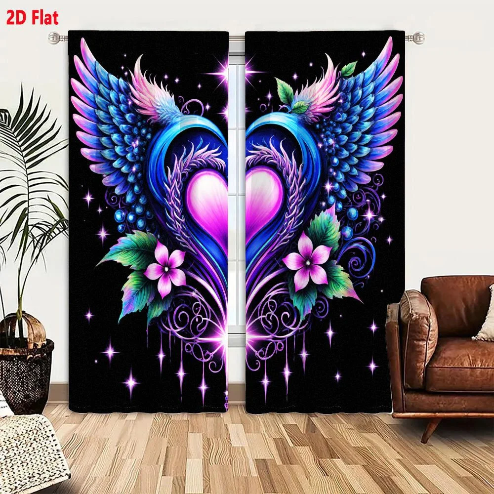2Pcs Curtains 2D Flat Magical Blue Heart With Pink Glow Layered Design And Symmetrical Colorful Wings Green Leaves Starburst Pur