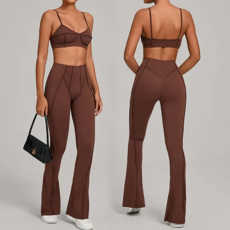 

Women's Tight Fitting Sandblasting Yoga Set High Elasticity Hip Lifting Slim Fit Bra Long Pants Fitness Set Outdoor Sports Suit