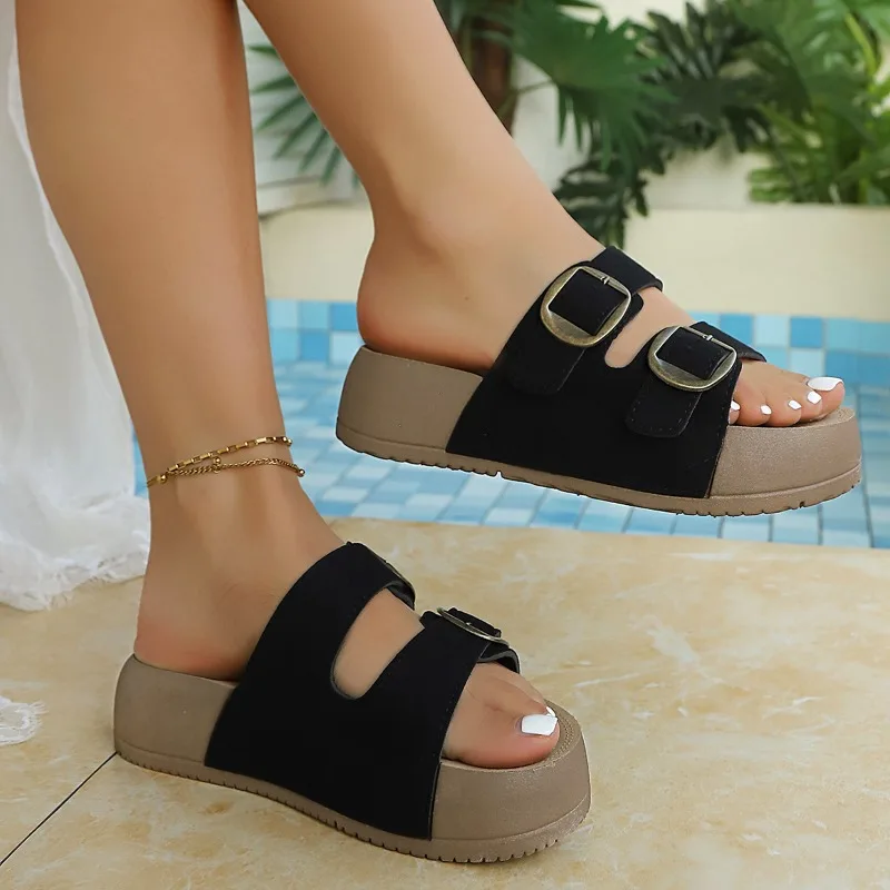 Chinelos femininos verão novo casual com fivela sapatos femininos tendência retro chinelos de praia chinelos de cabeça redonda