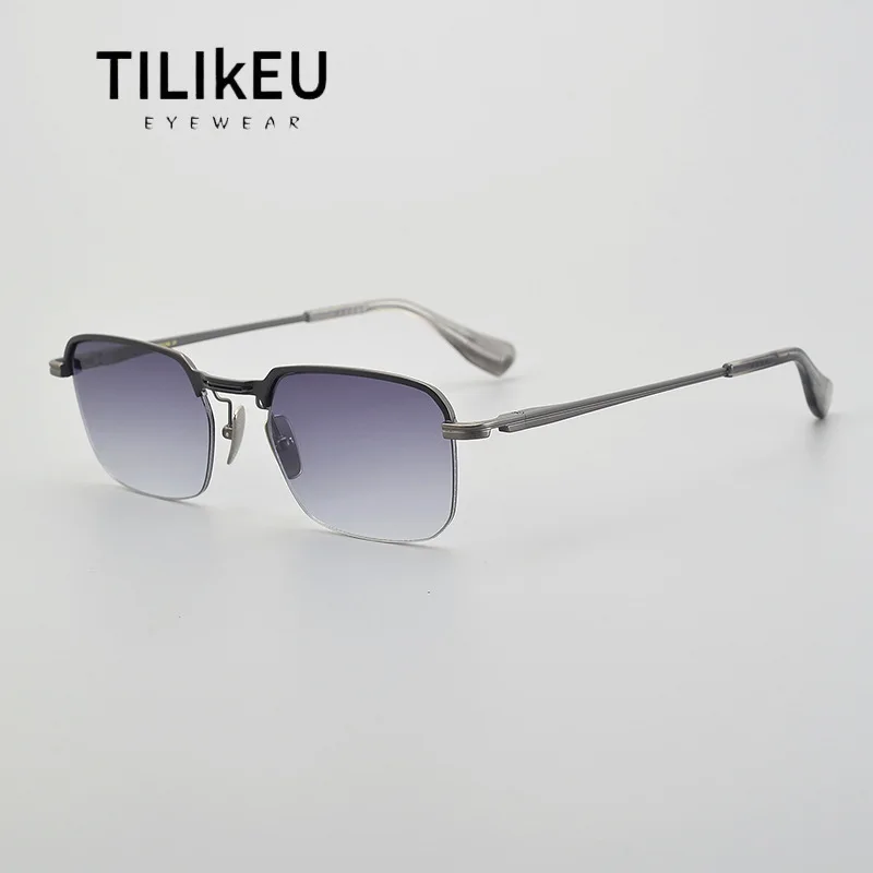

High-end Luxury Pure Titanium Square Men's Sunglasses Designer Trend Gradient Shades Semi-Rim Driving Travel Sunglasses UV400