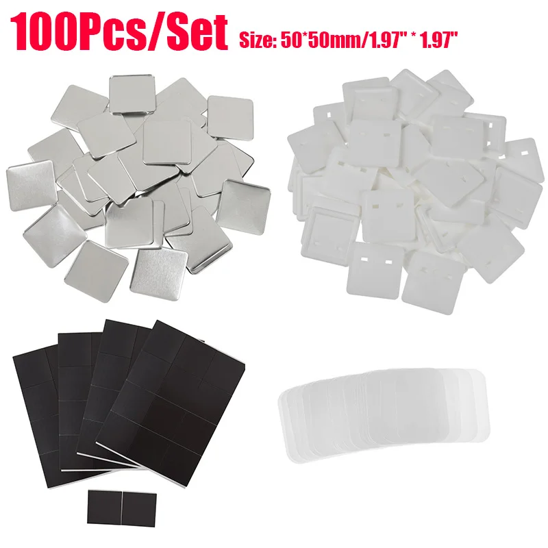 

100 шт./компл. расходных материалов для машинки для изготовления значков: квадратные магнитные основы 50*50 мм для холодильника, металлические значки-пуговицы для самостоятельного изготовления