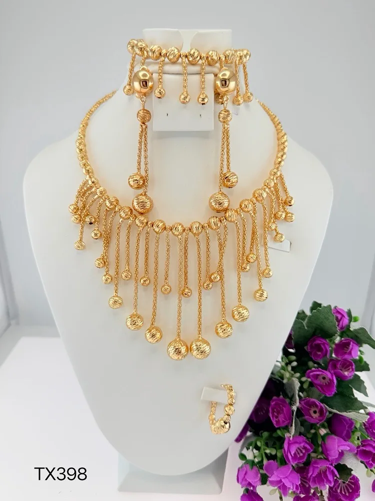 New Tassel Textured Ball Metal Jewelry Set Fringe Waterfall Necklace Earrings Ring Three Tone Gold Silver Bridal Wedding Party