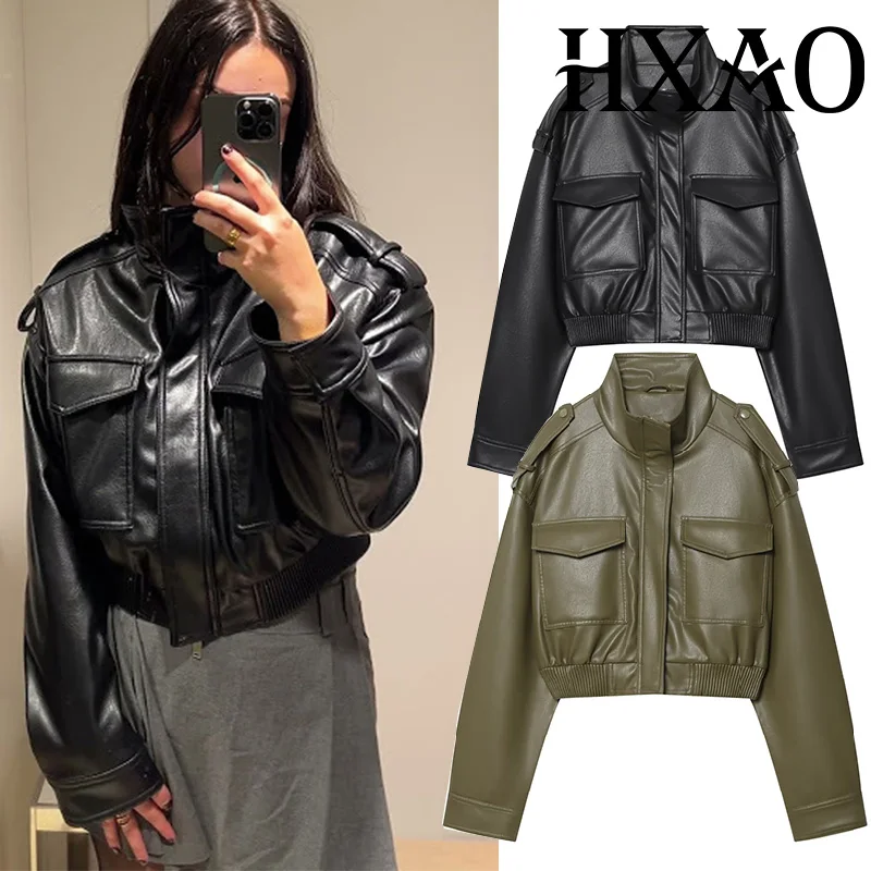 

HXAO Faux Women's Leather Jacket Demi-Season Cropped Bomber Jackets Outerwears Long Sleeve Motorcycle Black Jacket Zip Up Coats