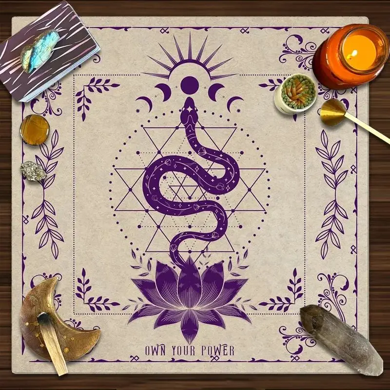 Tarot Altar Cloth Purple Snake Lotus Moon Sacred Geometry Mat for Wicca Tarot Reading Spiritual Ritual Table Decor
