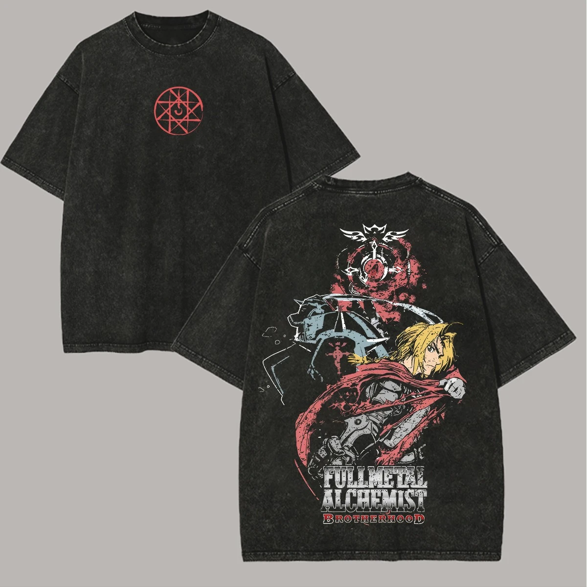 

2026 Fullmetal Alchemist Elric Brothers Dual Sided Washed T-shirt Transmutation Circle Print Oversized Cotton Tee For Otaku Fans