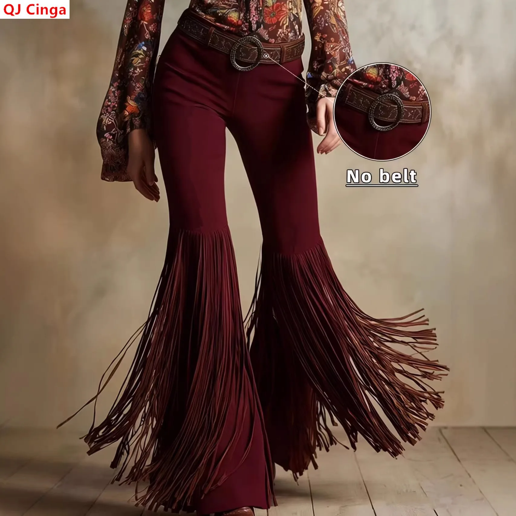 Women's Brown Flared Pants for Spring, Western-style Retro Trousers with Fringe Details, Available in Black, White, Burgundy.