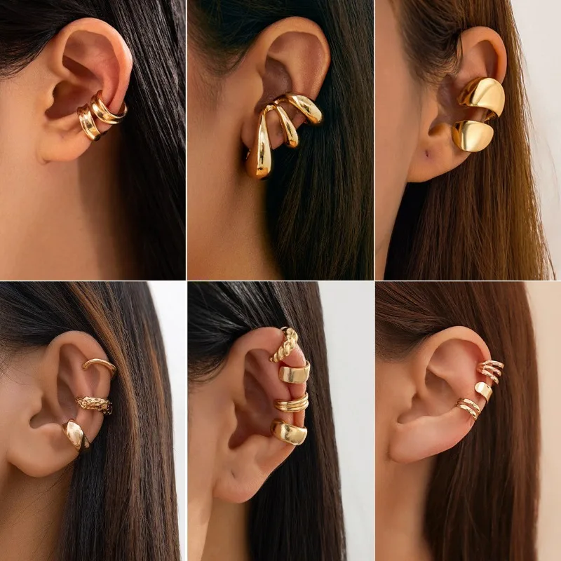 Personality Design Metal Water Drop Clips Earrings for Women Gold Color Geometry Folds Cuff Earrings Fake Clip Earrings Jewelry