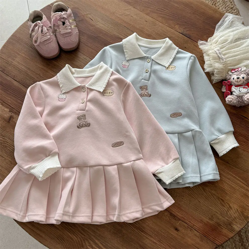 

Toddler Girls Dress Autumn Cartoon Embroidery Turn Down Collar Baby Girls Polo Dress Long Sleeves Kids Baby Girls Pleated Dress