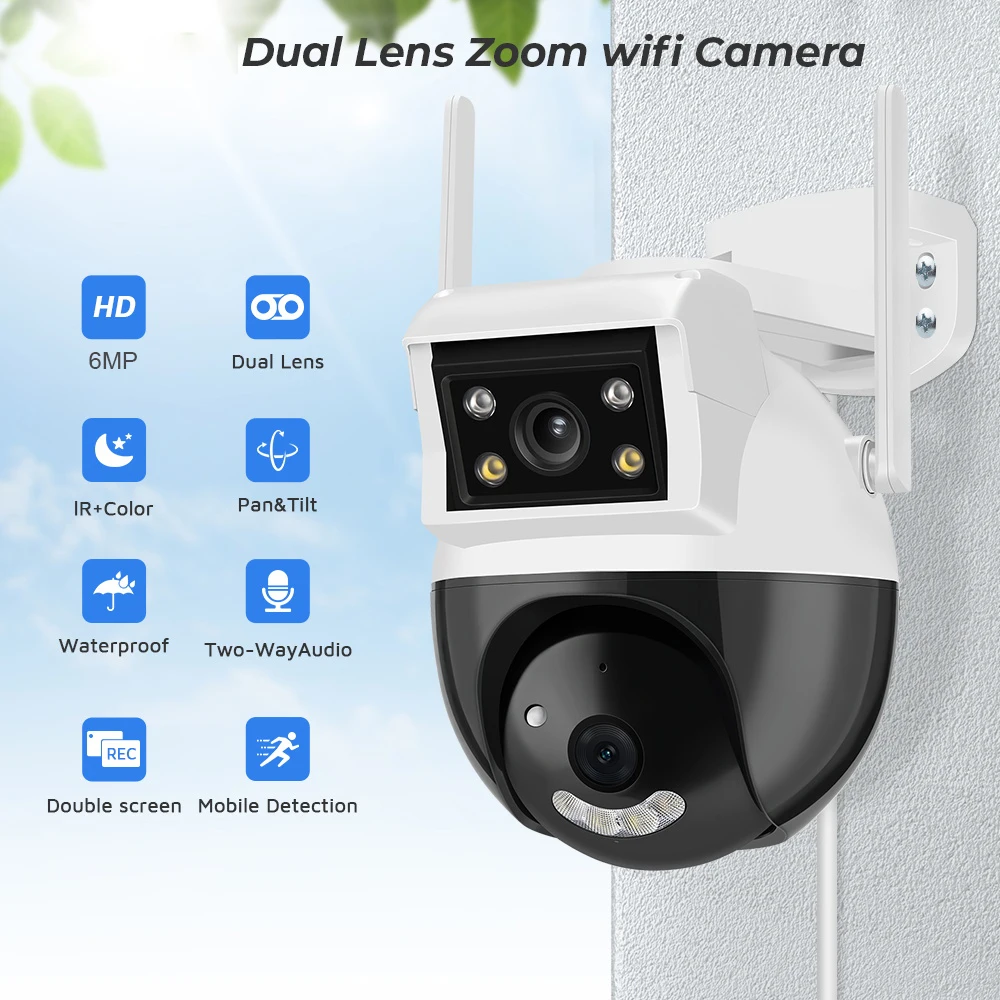 Outdoor Surveillance IP Camera WiFi 6MP Dual Screen ICSEE 3.6mm+6mm Onvif Dual Lens Security Protection CCTV Night Vision