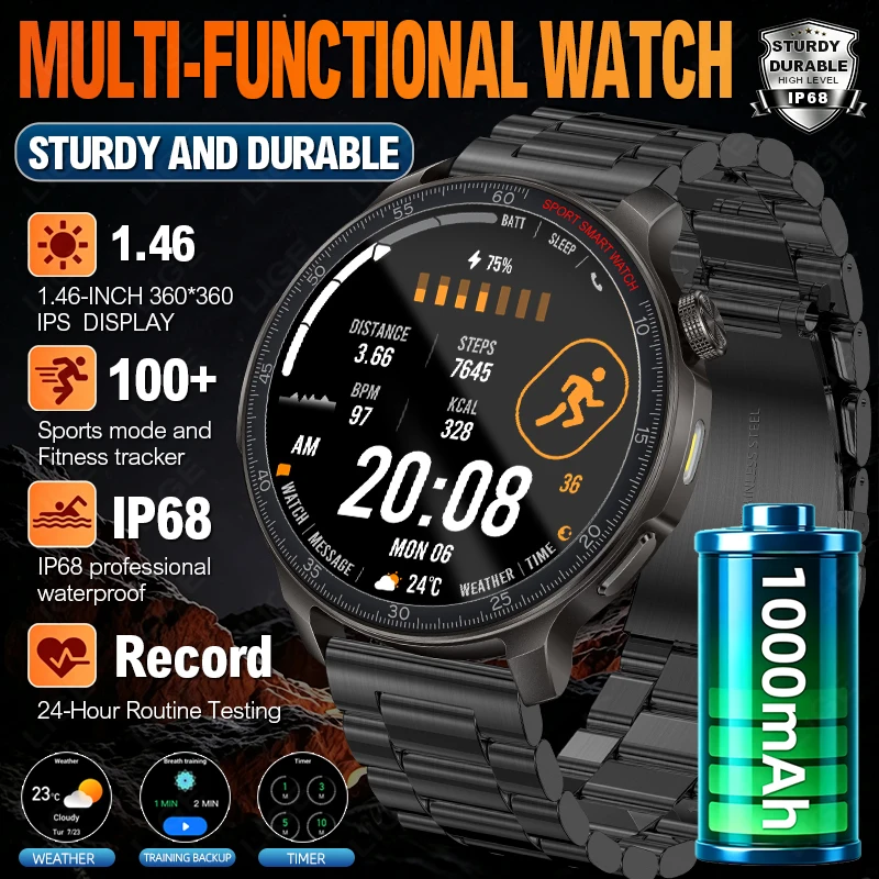 LIGE New 1000mAh High-Capacity Battery Smart Watch Men Bluetooth Call  Heart Rate Sleep Monitoring Sports Flashlight Smartwatch