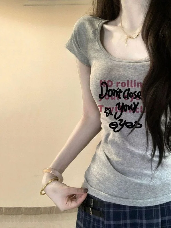 Slim Fit Short Sleeve U-Neck T-Shirt Women's Summer Fashion Design Sensation Casual Top Elastic Waist Control Slimming Effect