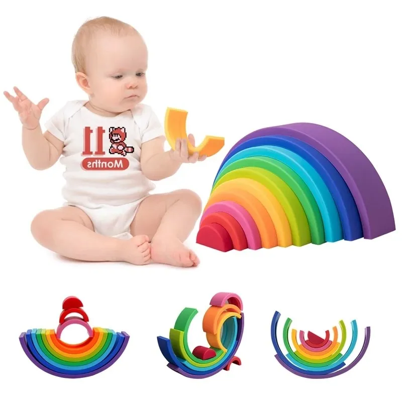 6pcs Children\'s Silicone Toys Colorful Rainbow Building Blocks Silicone Balance Blocks Montessori Educational Toy Baby Toy Gift