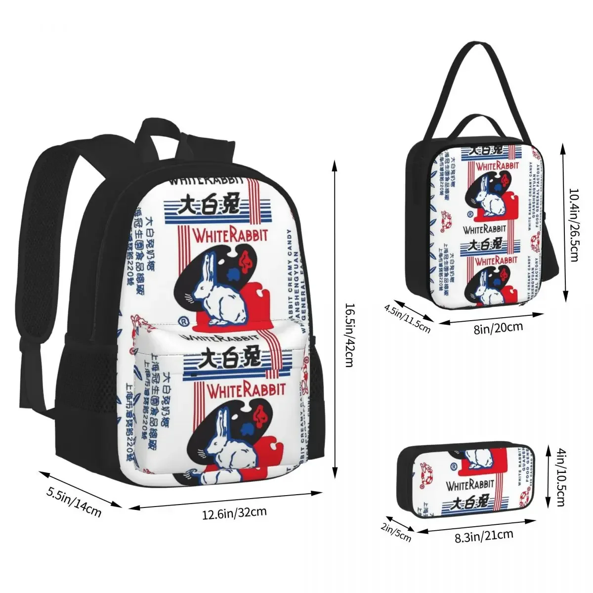 Sacos de escola dos desenhos animados das crianças, mochilas doces coelho branco, Bookbag, Lunch Bag, Pen Bag, Kids Rucksack, meninos, meninas, 3 Piece Set