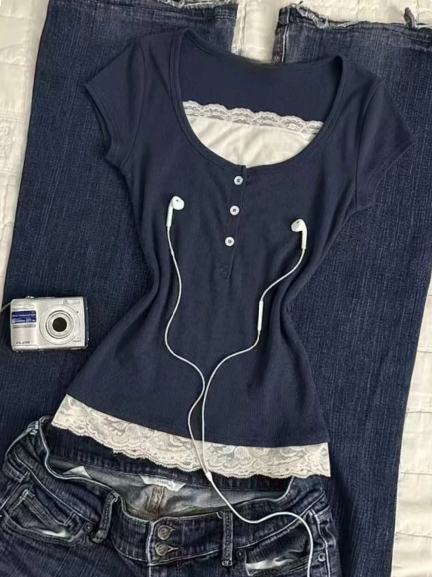 Women Y2K Short Sleeve T‑Shirt Navy Fake Two‑Piece Lace Trim Button Front Slim Fitted Retro Aesthetic Casual Y2K Layering Tops
