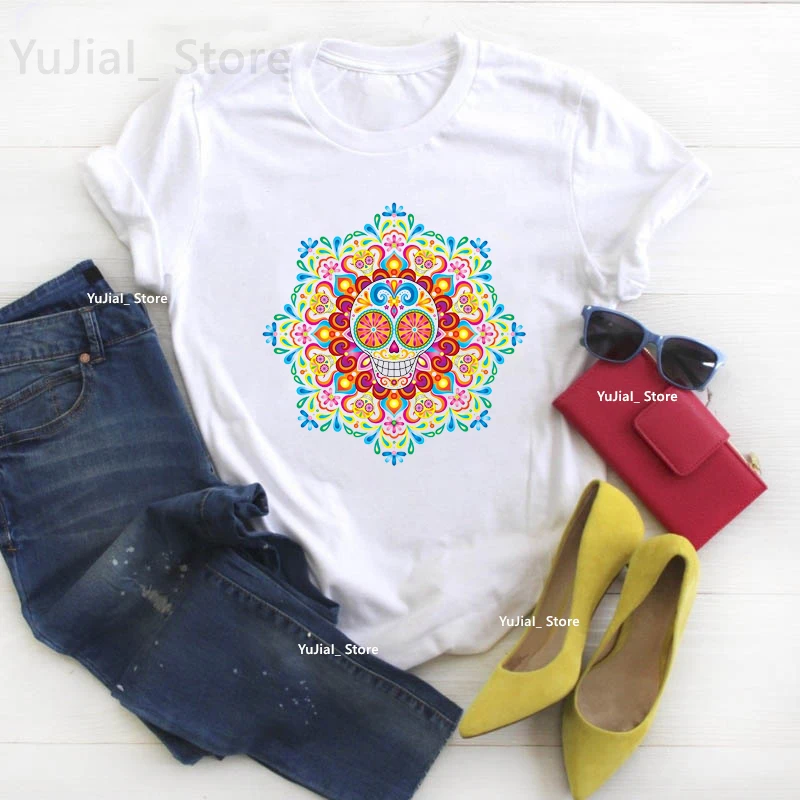 

Colorful Skull Meditation Print T Shirt Women Clothes 2024 Harajuku Shirt Yoga Bohemia Tshirt Femme Summer Tops Tee Shirt