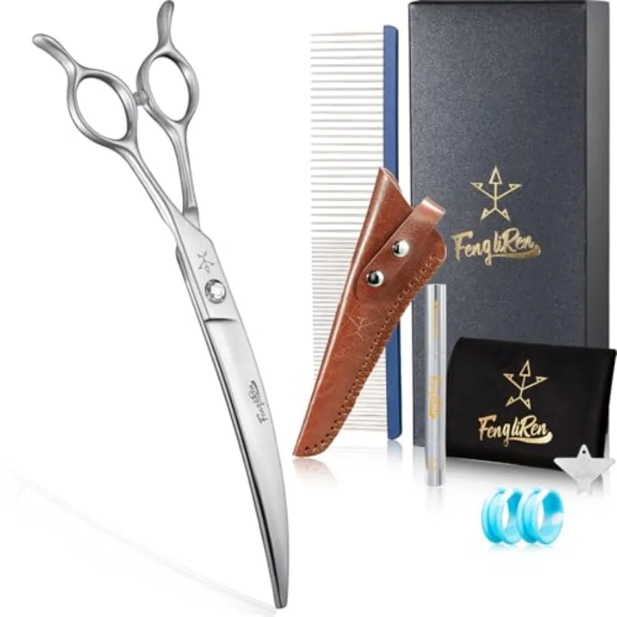 

Professional dog grooming curved scissors, stainless steel alloy, silver, ultra-sharp hand-forged 8-inch shears for precise pet