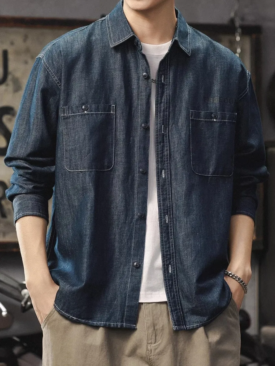 

Loose Fit Long Sve Denim irt Men's Casual Workwear American Sle Waed Outfit Versatile Turn-down Collar Spring Autumn