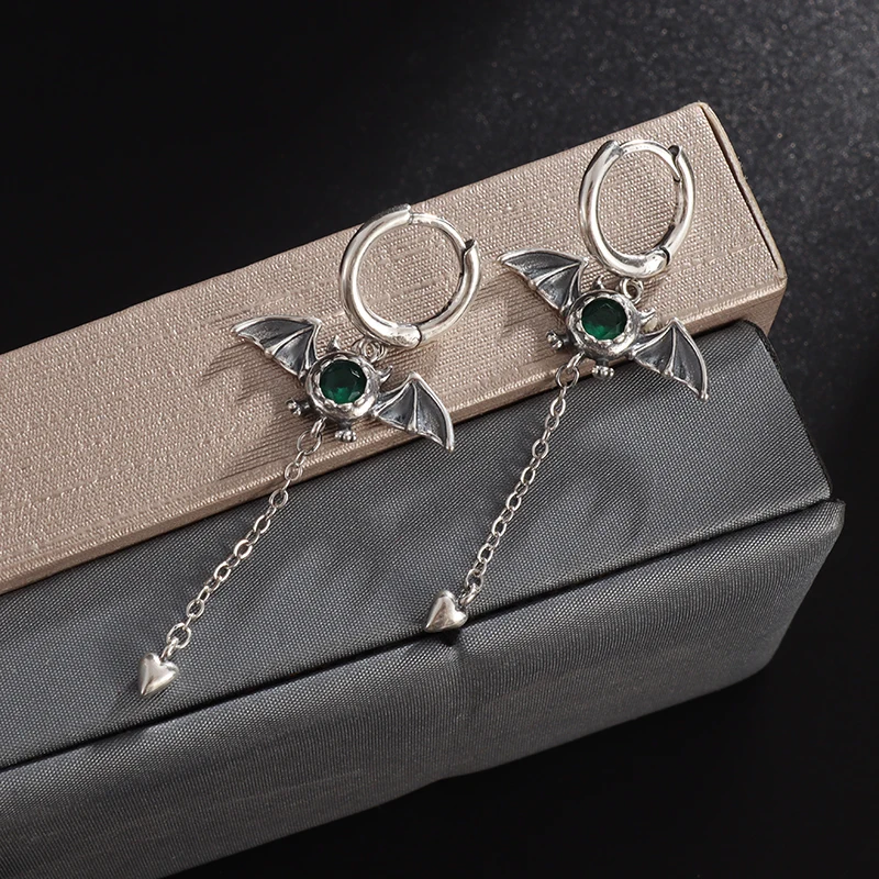 Retro Gothic Devil Bat Pendant Earrings Studded with Green Zircons for Men Women Fashion Cool Holiday Party Jewelry