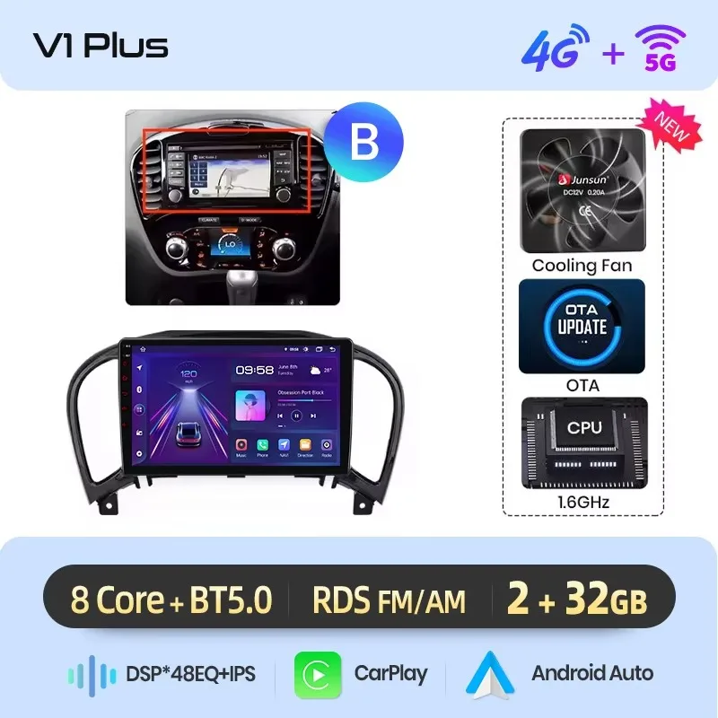 Junsun draadloze CarPlay Android Auto autoradio voor Nissan Juke (F15) 2010-2019 met ingebouwde koelventilator, Android GPS navigatie, multimediaspeler, WiFi, DSP, RDS, BT, SWC, IPS touchscreen,