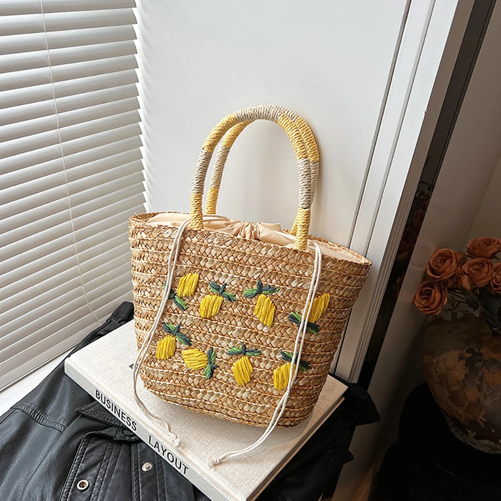 

2026 Women's Large Capacity Shoulder Bag Summer Straw Woven Handbag Fashion Lemon Embroidery Beach Totes Drawstring Shopper Bags