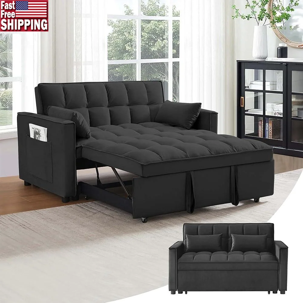 

Convertible Sofa Bed Pull Out Couch Loveseat 3-in-1 Velvet Sleeper Sofa with Adjustable Backrest Storage Pockets Durable