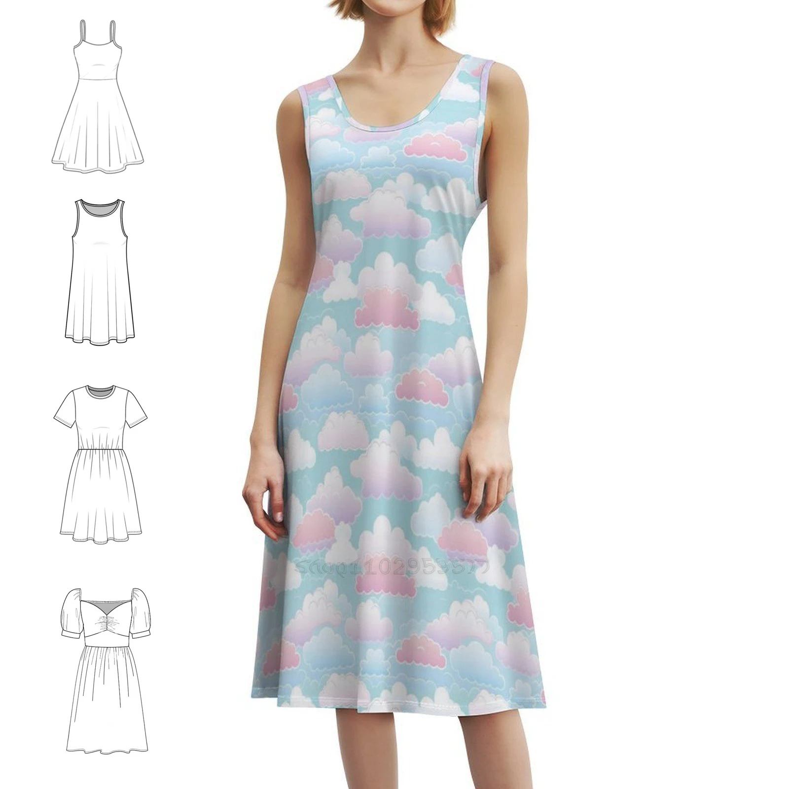 فستان بوهو أنيق بنمط الغيوم الملونة الناعمة، فستان أنيق لحفلات الزفاف على الشاطئ، نمط على شكل سحابة، مسائية ناعمة باستيل #1