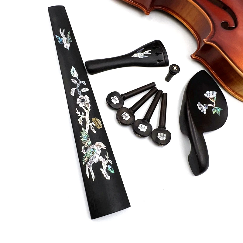 1 set 4/4 violin ebony accessories parts fittings,Inlaid pattern Tailpiece+Tuning pegs+Endpins+Chin rest/Chin Holder+Fingerboard