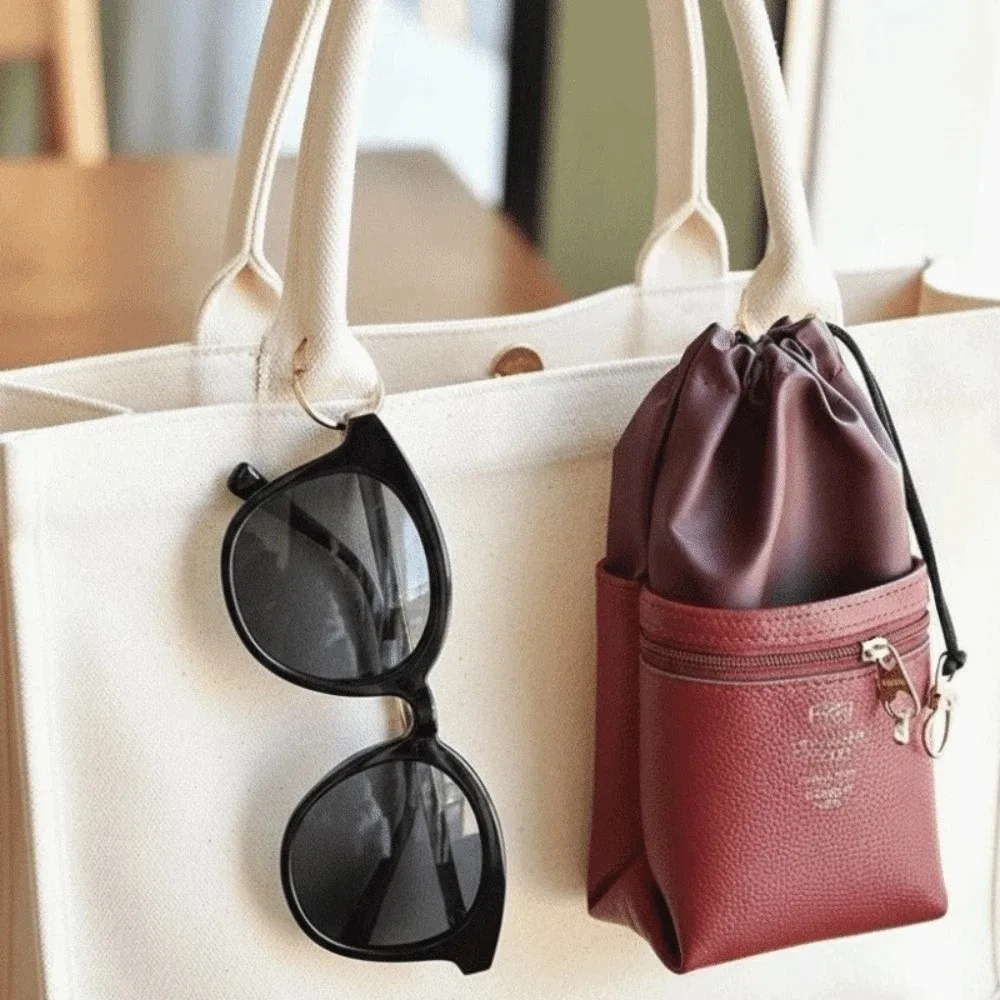 

Portable Drawstring Glasses Organizer Large Capacity Leather Eyewear Storage Bag Anti-splash Water with Key Ring