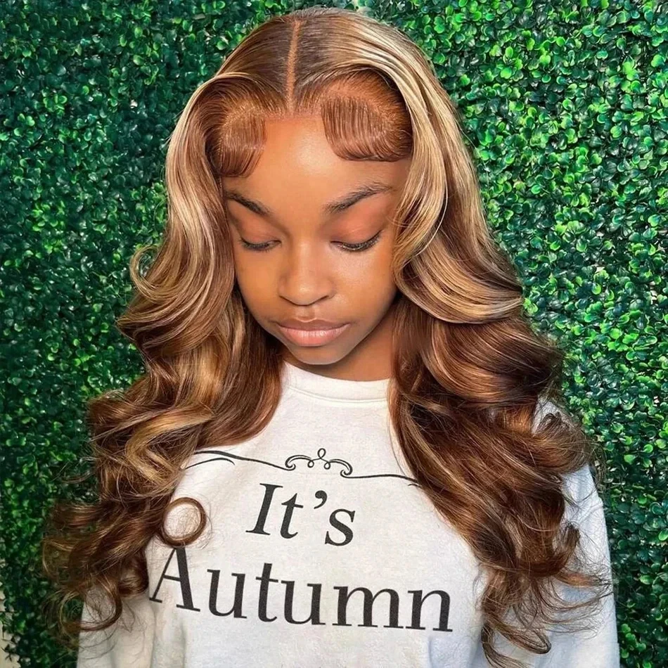 Perruque Lace Front Wig Body Wave colorée 100% naturelle, cheveux humains, blond miel ombré, 13x6 HD, à reflets, pour femmes africaines