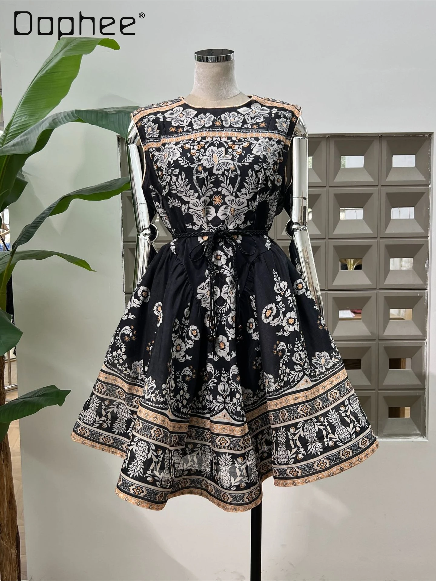 

Vintage High-End Elegant Socialite Dress Evening Dresses French Fashion Print Round Neck Sleeveless Slim Mini Dress for Women