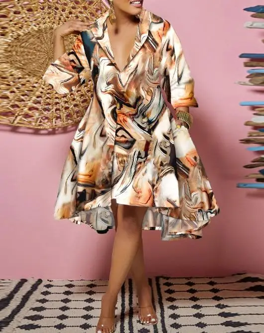 

Women's Dress Casual 2024 Summer Fashion Tie Dyed Print Trun-down Collar Half Sleeve Pocket High Waisted A-line Midi Dress