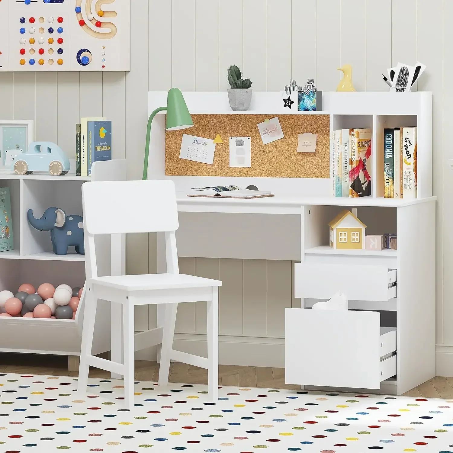 Kids Desk and Chair Sets, Kids Study Desk Set with Hutch and Storage, Children Wooden Study Table for 5-12 Years Old, Student Wr