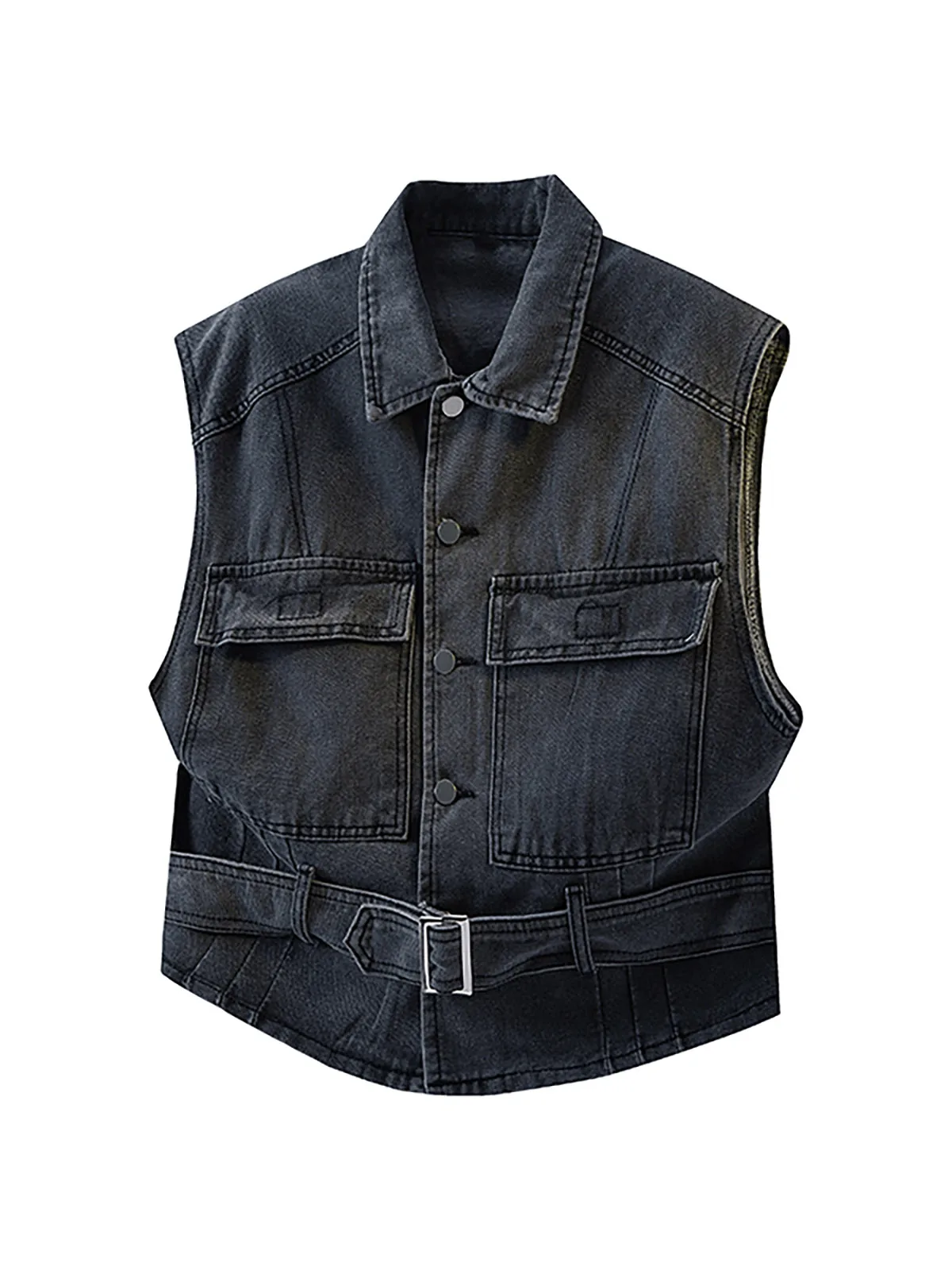 Retro American Workwear Denim Vest Men's Summer Design Beltless Sleeveless Shoulder Pad Vest Trendy INS Jacket Outerwear