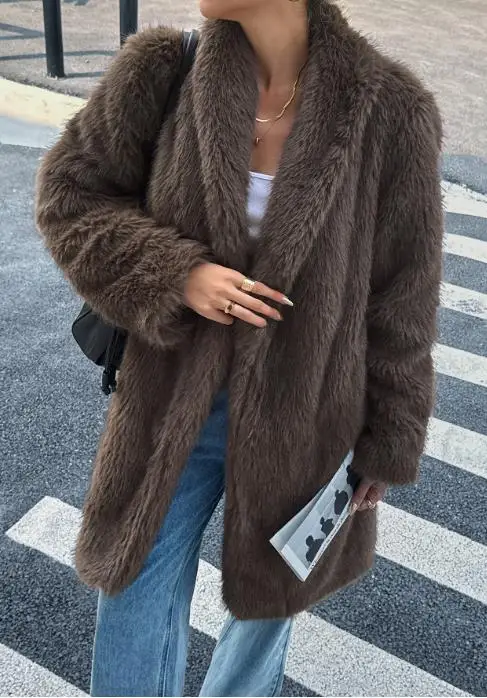 2025年秋冬 エレガントなプラッシュロングスリーブコート レディース服