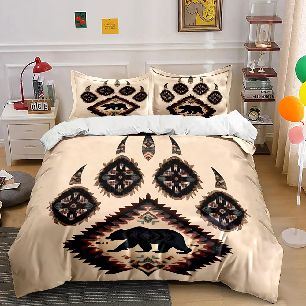 Bear and totem paw print design Printed Duvet Cover Set 1 Duvet Cover+2 Pillowcase Multi Size Bedroom Bedding Decoration