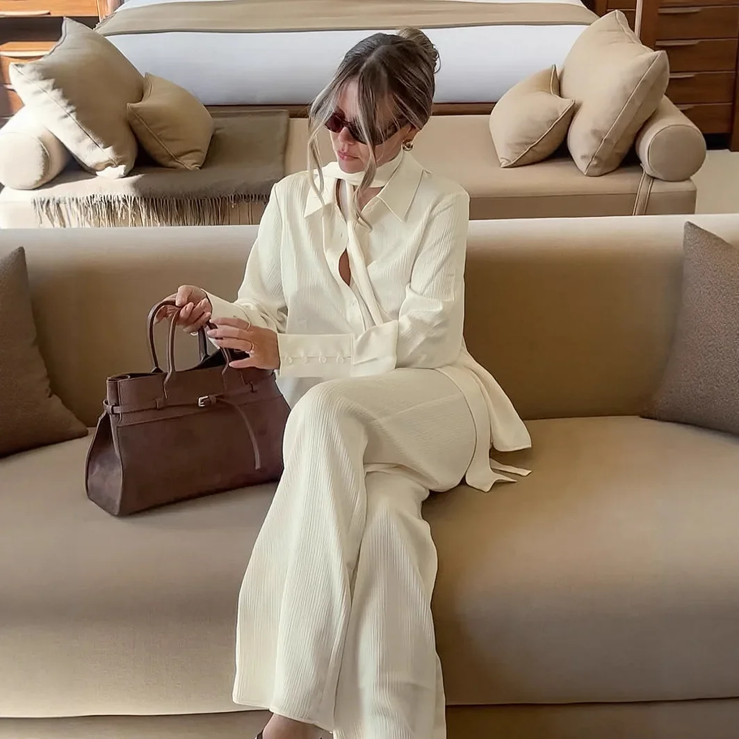 

Long-sleeved Suit for Women with Ribbons and Lazy Texture 2026 Spring Shirt and Trousers Two-piece Set