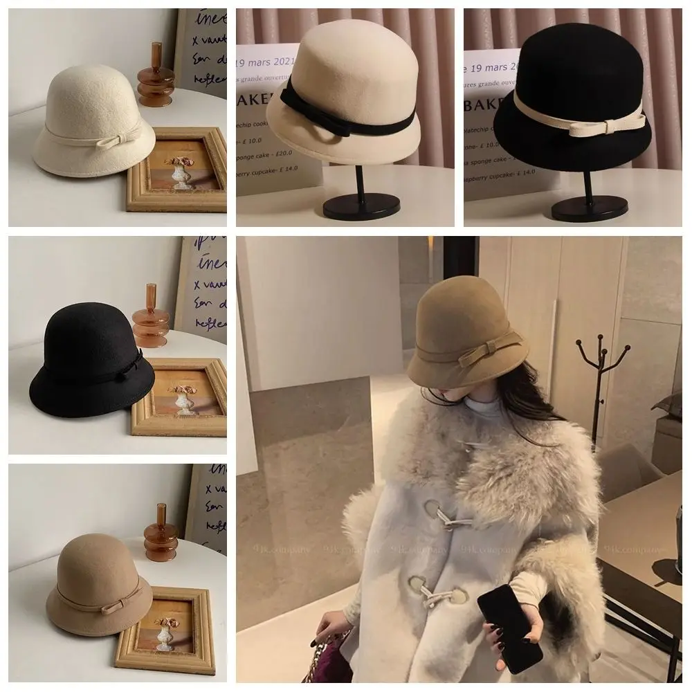 

Casual Hepburnesque Felt Formal Hat Panama Cap Wealthy Heiress Style Bowknot Bucket Hat British Style Ladies