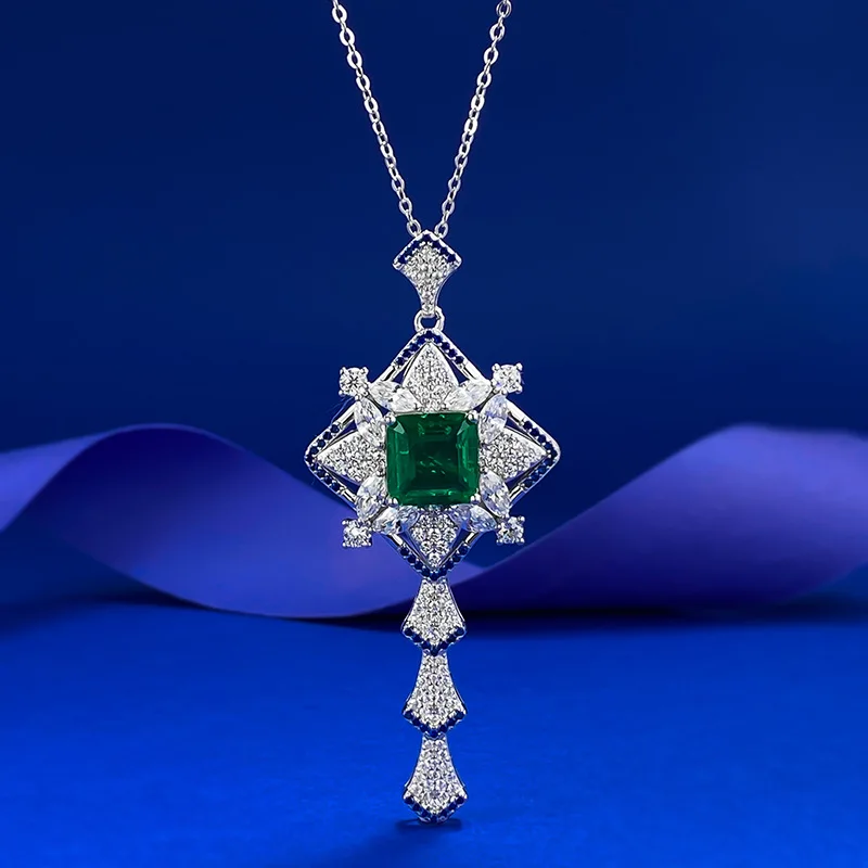 

European and American new S925 silver 10*10mm spliced green necklace for women, collarbone chain, retro style pendant for women
