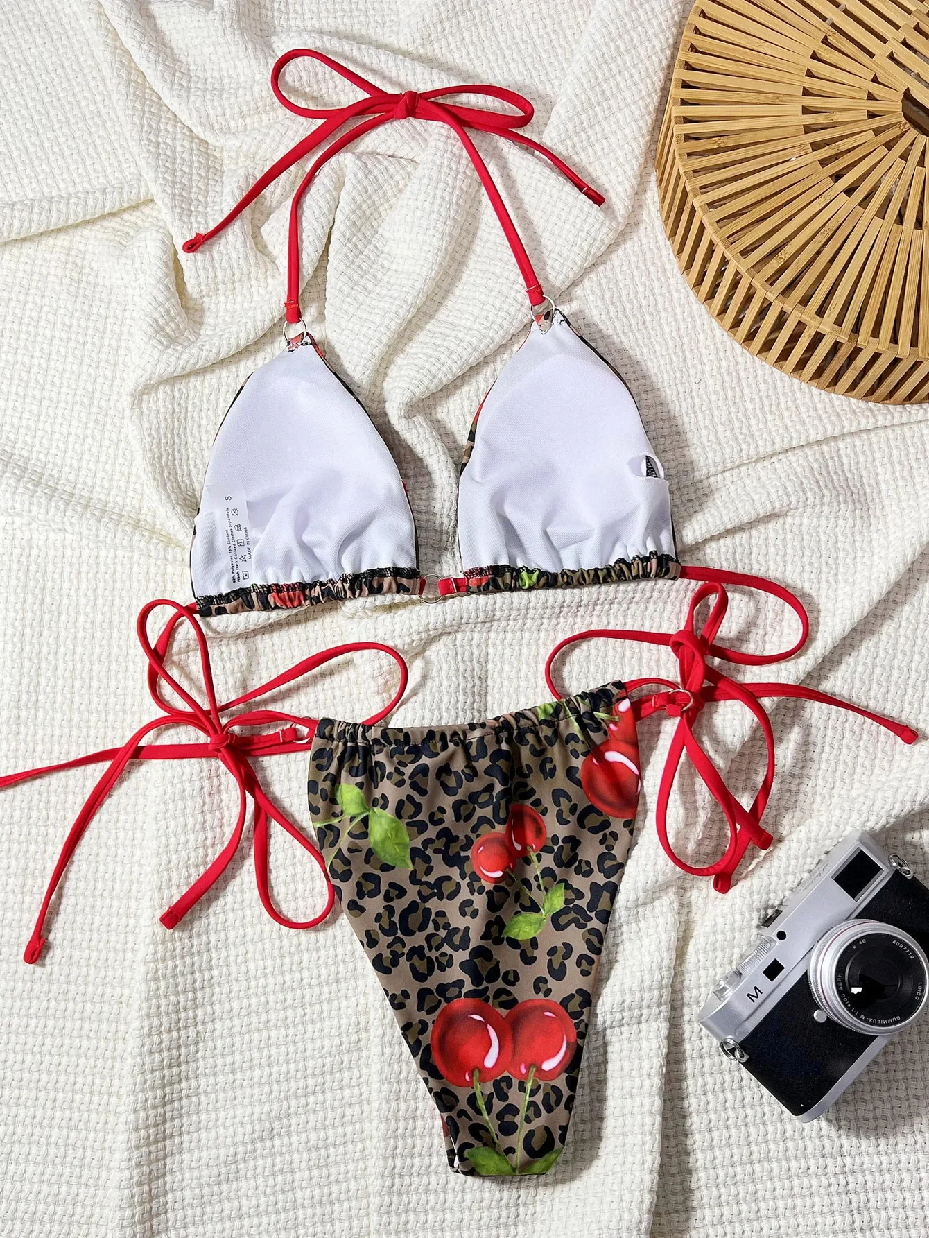 sexy leopard cherry print string bikinis sets two pieces tie halter swimsuit bathing suit swimwear biquini bakini tankini