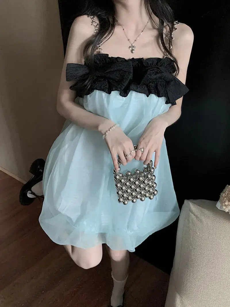 Korean Womne Sweet Splice Chain Blue Suspended Dress Women Summer New Color Contrast Bowknot Mesh Stitching Short Dresses