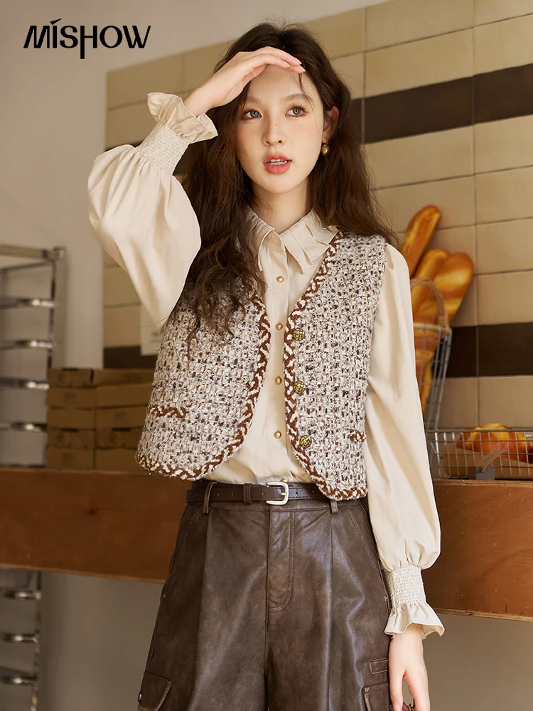 MISHOW Tweed Vest Jacket for Women 2023 Autumn Winter Korean Fashion V Neck Single-breasted Retro Waistcoat Outerwear MXC47W0087