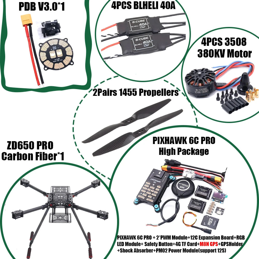 HanNiu ZD650 PRO 650mm Ardupilot Pixhawk Carbon fiber Quadcopter Frame FPV Quad met Carbon Fiber Landing Skid Motor ESC 40A